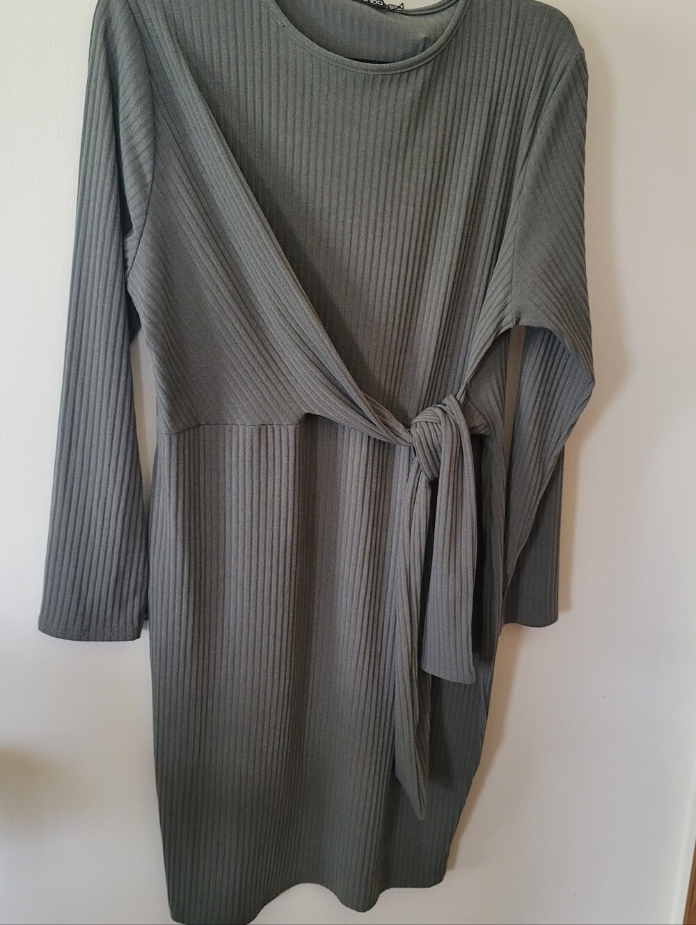 Boohoo Olive Green Ribbed Tie-Waist Long Sleeve Dress